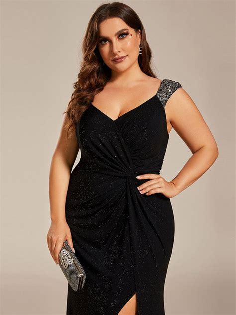 Plus Size Mermaid V Neck High Slit Sequin Strap Pleated Evening Dress