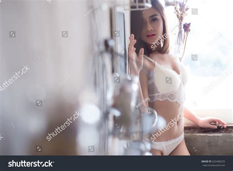 Sexy Beautiful Asian Woman White Lingerie Stock Photo