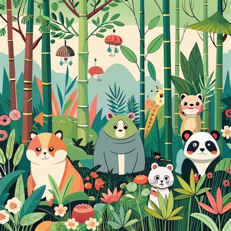 Premium Vector A Cartoon Illustration Of A Forest With Pandas And Pandas