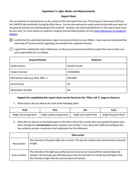 CHM135 Lab 1 Report Sheet Experiment 1 Light Matter And