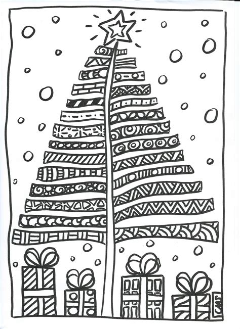 A Black And White Drawing Of A Christmas Tree With Presents On It S Side