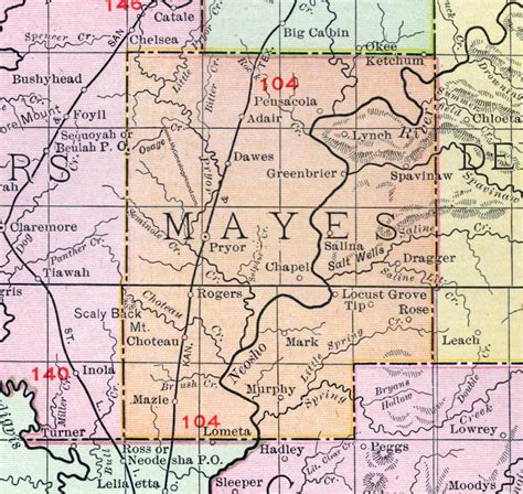 Mayes County, Oklahoma 1911 Map, Rand McNally, Pryor, Choteau, Salina ...