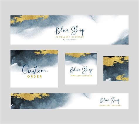 Elegant Banner Set For Etsy Shop Decorated With Watercolor Dark Blue And Gold Stationery Design