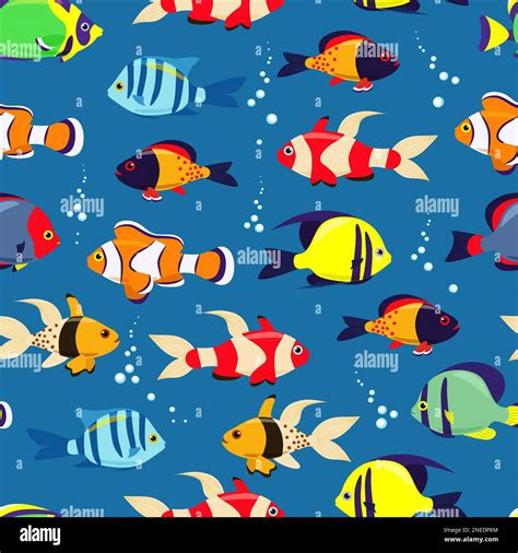 Exotic Sea Fish Seamless Pattern Sea Fish In Flat Style Vector