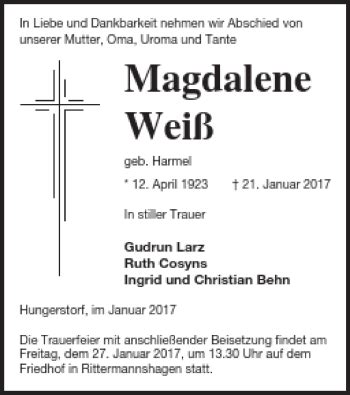 Traueranzeigen von Magdalene Weiß Trauer Nordkurier