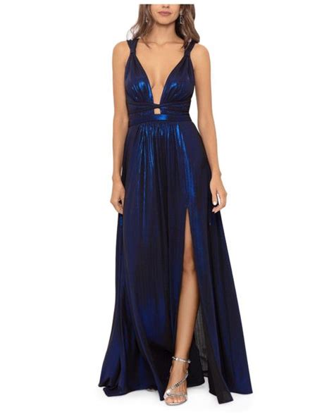 Betsy And Adam Metallic V Neck A Line Gown In Blue Lyst