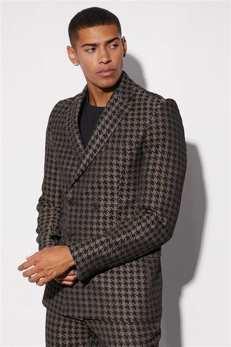 Mens Skinny Double Breasted Dogtooth Suit Jacket Boohoo Uk