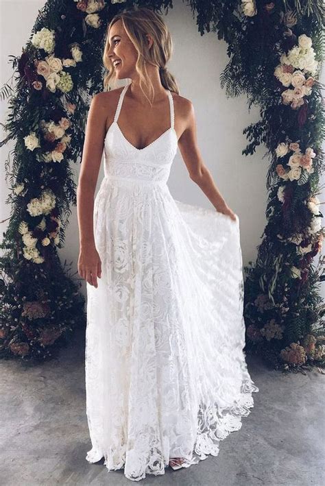 Ivory Spaghetti Strap Lace Open Back Side Split Beach Wedding Dresses Simidress