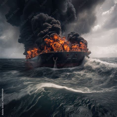 Fire on a cargo ship. A ship carrying liquefied gas is engulfed in ...