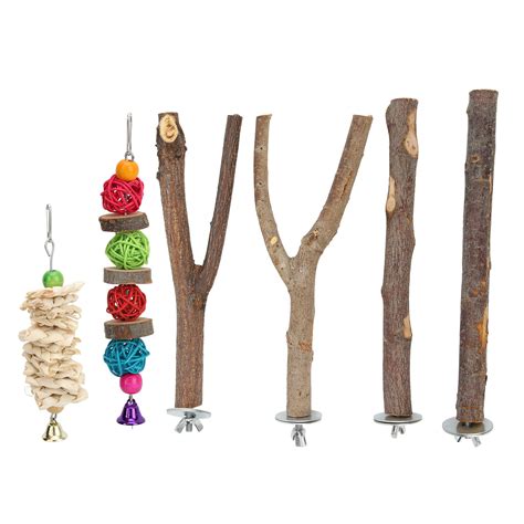 Bird Perch Stand Set Wood Parrots Stand Branches Set With Vine Ball