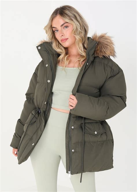 Brave Soul Khaki Mid Length Puffer Parka With Faux Fur Hood Matalan