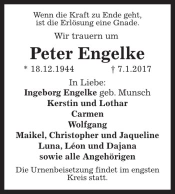 Traueranzeigen Von Peter Engelke Trauer Anzeigen De