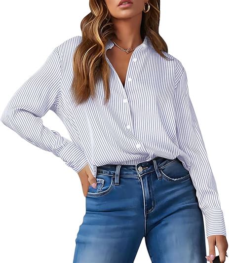 Omsj Women S Striped Button Down Shirts Casual Long Sleeve Stylish