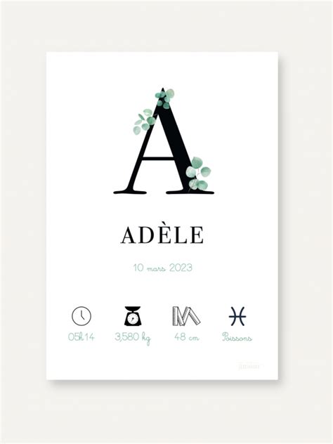 Affiche Naissance Lettre Et Eucalyptus Avec Tout Mon Amour