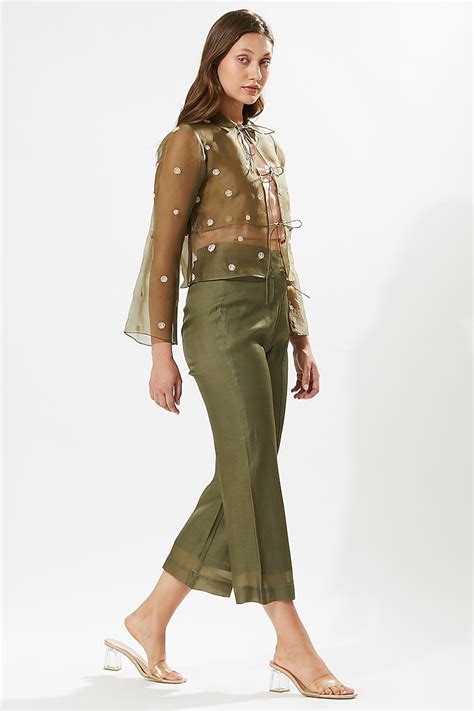 Green Silk Organza Hand Embroidered Jacket Set Design By Meadow At Pernia S Pop Up Shop 2023