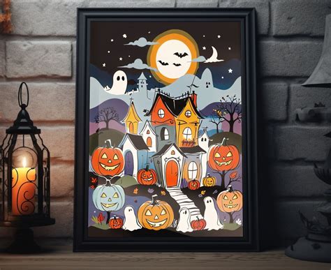 Abstract Halloween Town Art Print Halloween Pumpkin Wall Art, Halloween Ghost Artwork, Halloween ...