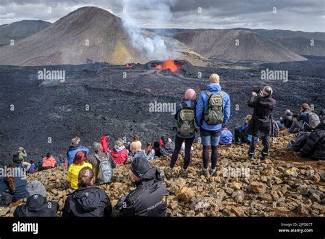 Watching The Eruption Of The Geldingadalir Volcano Reykjanes Peninsula Iceland August 2022