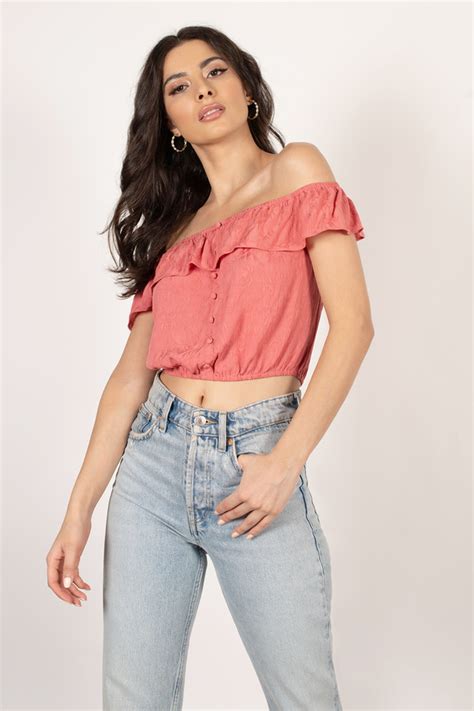 Pink Crop Top Off Shoulder Crop Top Ruffle Crop Top