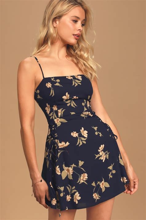 Lovely Navy Blue Dress Floral Mini Dress Lace Up Mini Dress Lulus