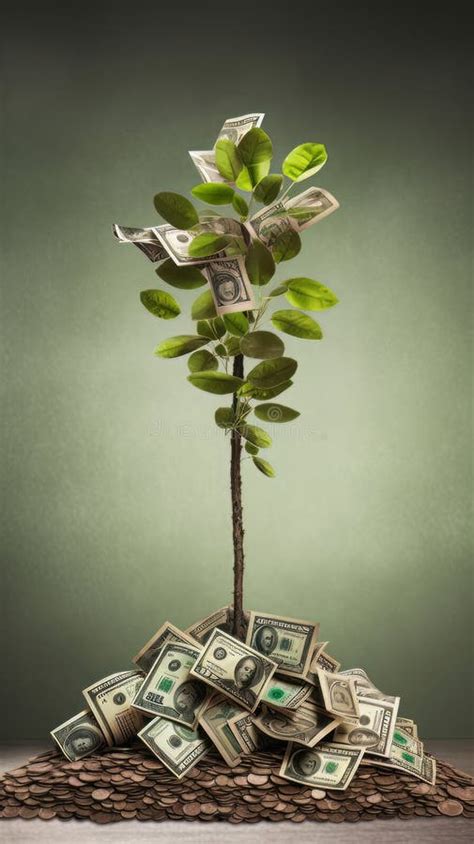 Money Tree With Banknotes As Leaves Growing On A Pile Of Money