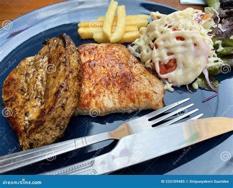 Combo Chicken Steak With French Fries And Salad Stock Image Image Of Fillet Steak 225109485