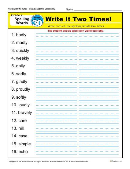 Second Grade Spelling Words List - Week 30 | K12reader