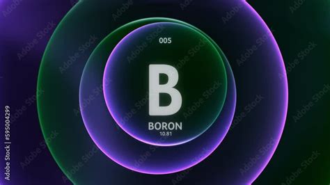 Boron as Element 5 of the Periodic Table. Concept animation on abstract green purple gradient ...