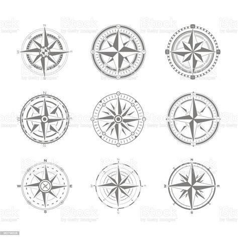 Vector Icon Set With Compass Rose Stock Illustration Download Image Now Map Adventure