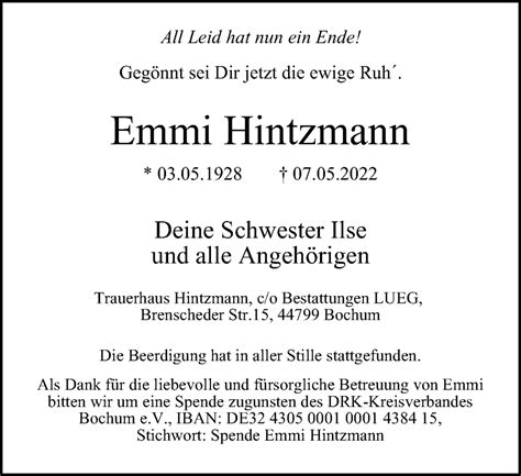 Traueranzeigen Von Emmi Hintzmann Trauer In Nrw De