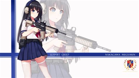 Safebooru 1girl Absurdres Allenes Assault Rifle Belt Black Hair Blue