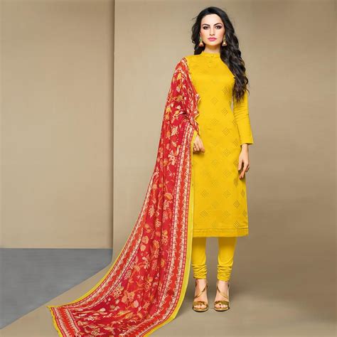 Buy Entrancing Yellow Colored Party Wear Embroidered Cotton Suit For