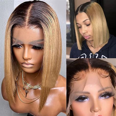 Buy Honey Blonde Bob Wigs Human Hair Short Straight 1b 27 Ombre Lace