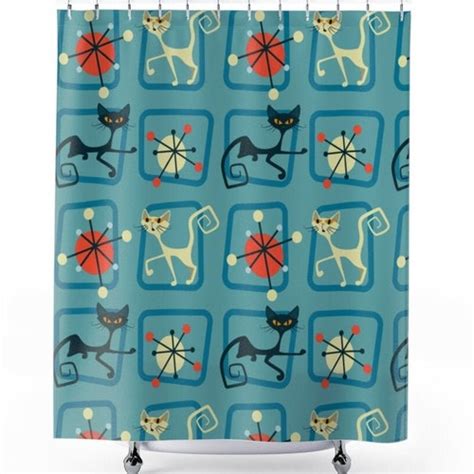 Atomic Retro Black Cat Mid Century Modern Indigo Blue Shower Etsy