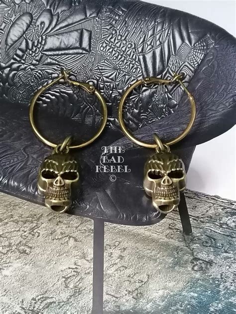 Original Boucles D Oreilles Creole Homme SKULL En Metal Bronze