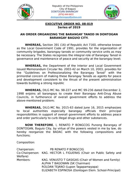 EO 2019 Organizing BRGY Tanod EXECUTIVE ORDER NO 08 Series Of 2019