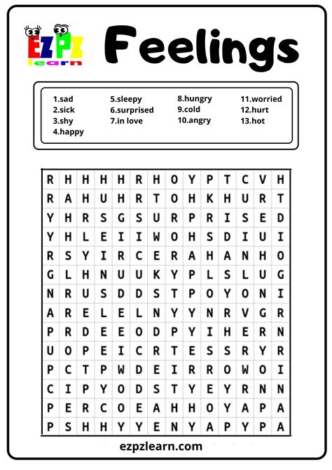 Feelings Word Search Ezpzlearn