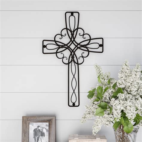 Metal Wall Cross with Decorative Floral Scroll Design- Rustic Handcrafted Religious Wall Art for ...