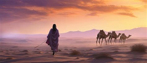 Hombre Con Camellos Caminando Por Las Dunas De Arena Del Desierto Al