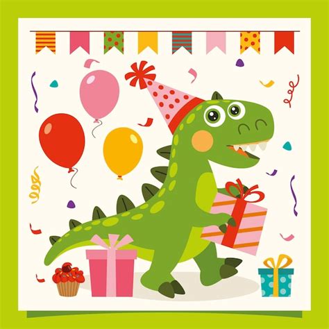 Cartão De Aniversário Com Personagem De Dinossauro Vetor Premium