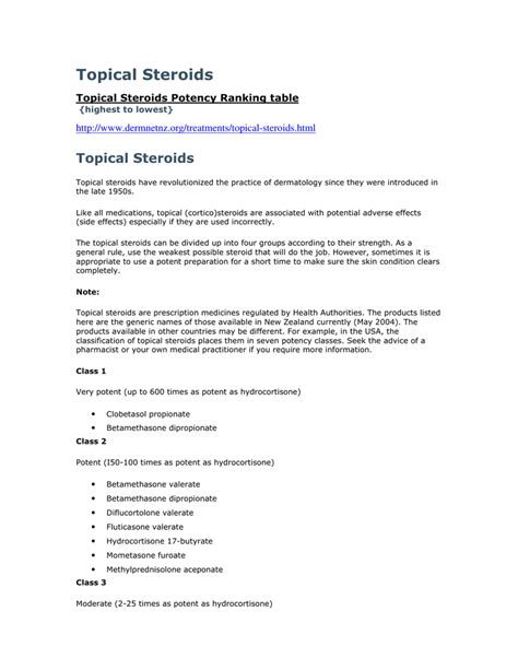 Topical Steroid Classification Chart A Visual Reference Of Charts