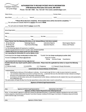 Fillable Online Medical Records Release Form Oakdale Obgyn Fax Email