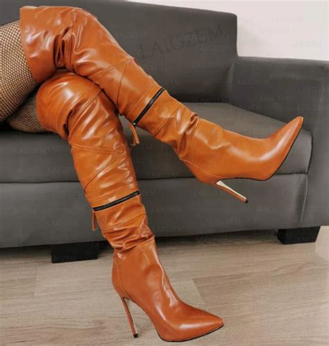 Women Thigh Boots Faux Leather Pointed Toe High Heels Over Knee Boots