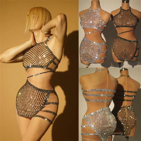 Shiny Sexy Fake Nude Rhinestones Pole Dance Dress Women Sequins Celebrate Evening Outfit Bar Ds