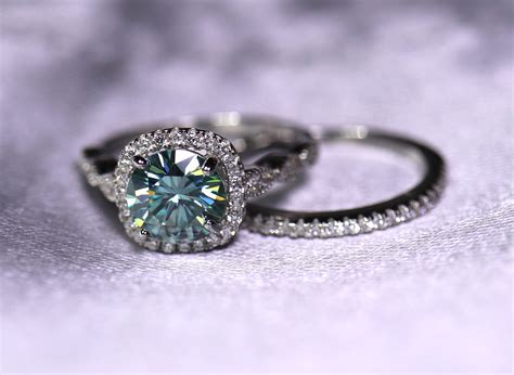 Blue moissanite, moissanite ring, bridal set, gray moissanite, unique ...