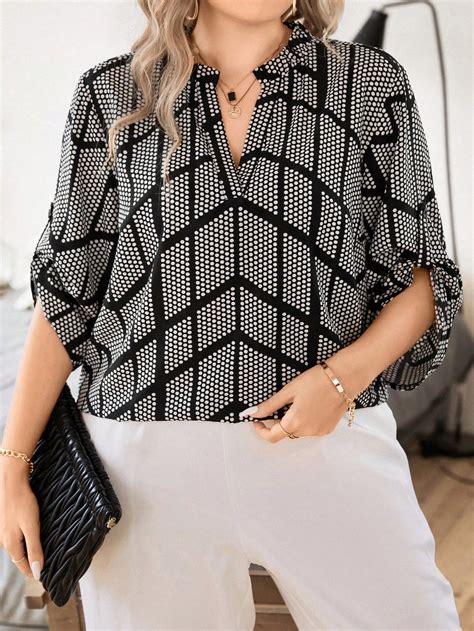 SHEIN Privé Talla grande Blusa con estampado de lunares de manga