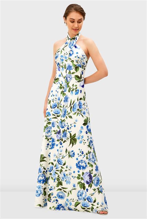 Shop Floral Print Satin Halter Dress Eshakti