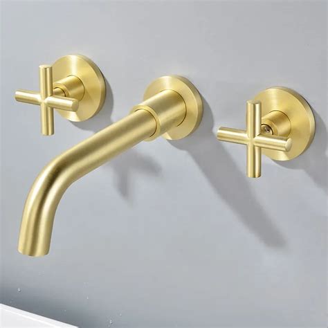 Brushed Gold Brass Double Handle Wall Mounted Bathroom Sink Faucet Hot ...