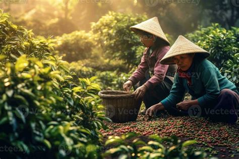 Vietnamese Farmers Picking Arabica Coffee Berries Robusta By Hand