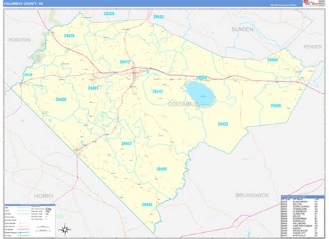 Columbus County Nc Zip Code Wall Map Basic Style By Marketmaps Mapsales