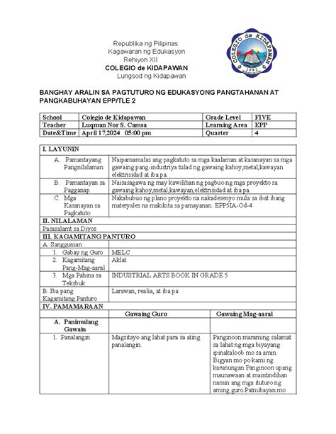 Lesson PLAN EPP 5 Lesson Plan For Primary Republika Ng Pilipinas